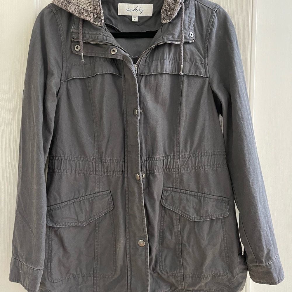Sebby Utility Jacket Gray, Removable Hood, Size Medium